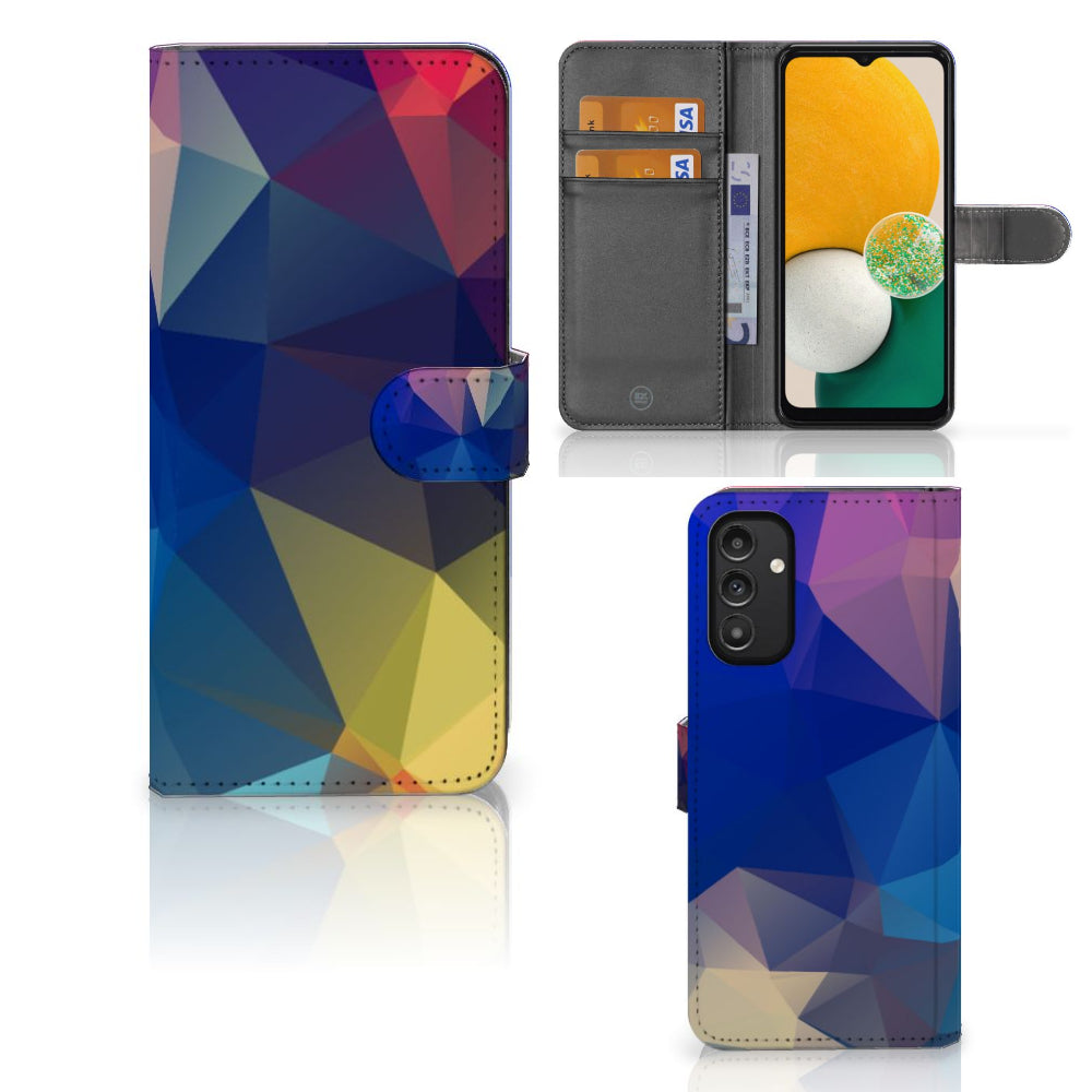 Samsung Galaxy A14 4G Book Case Polygon Dark with colorful geometric design and card slots.