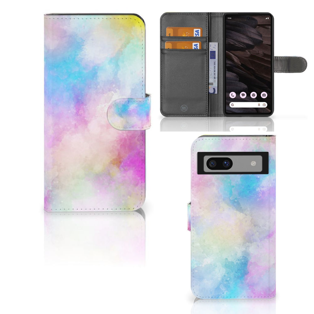 Hoesje Google Pixel 7A Watercolor Light met pasjeshouder in pastelkleuren en unieke watercolor design.