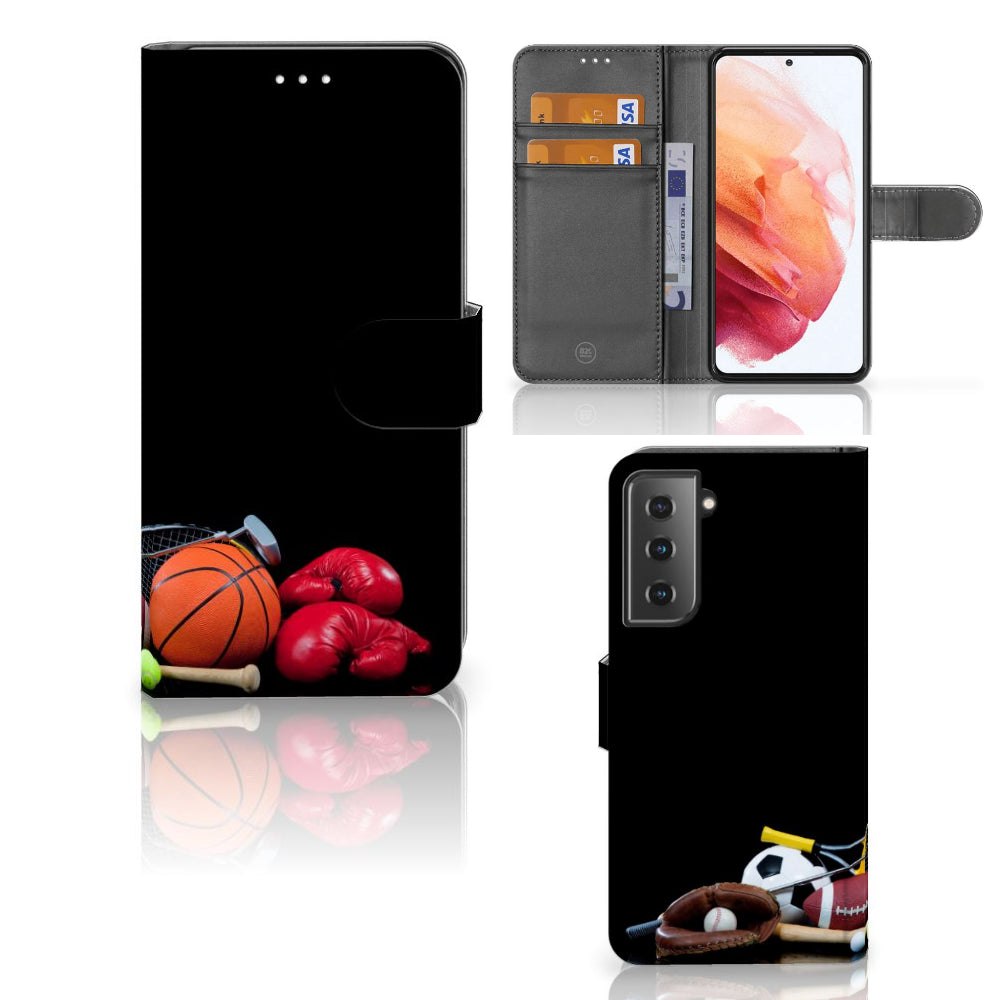 Samsung Galaxy S21 Wallet Case met Pasjes Sports met sportafbeeldingen zoals basketbal en bokshandschoenen.