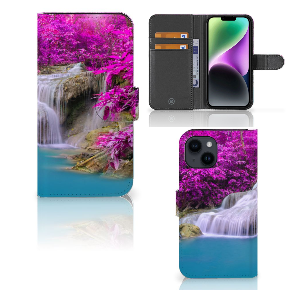 iPhone 15 Flip Cover Waterval met kalme waterval en paarse bomen voor een kleurrijk en rustgevend effect. đ