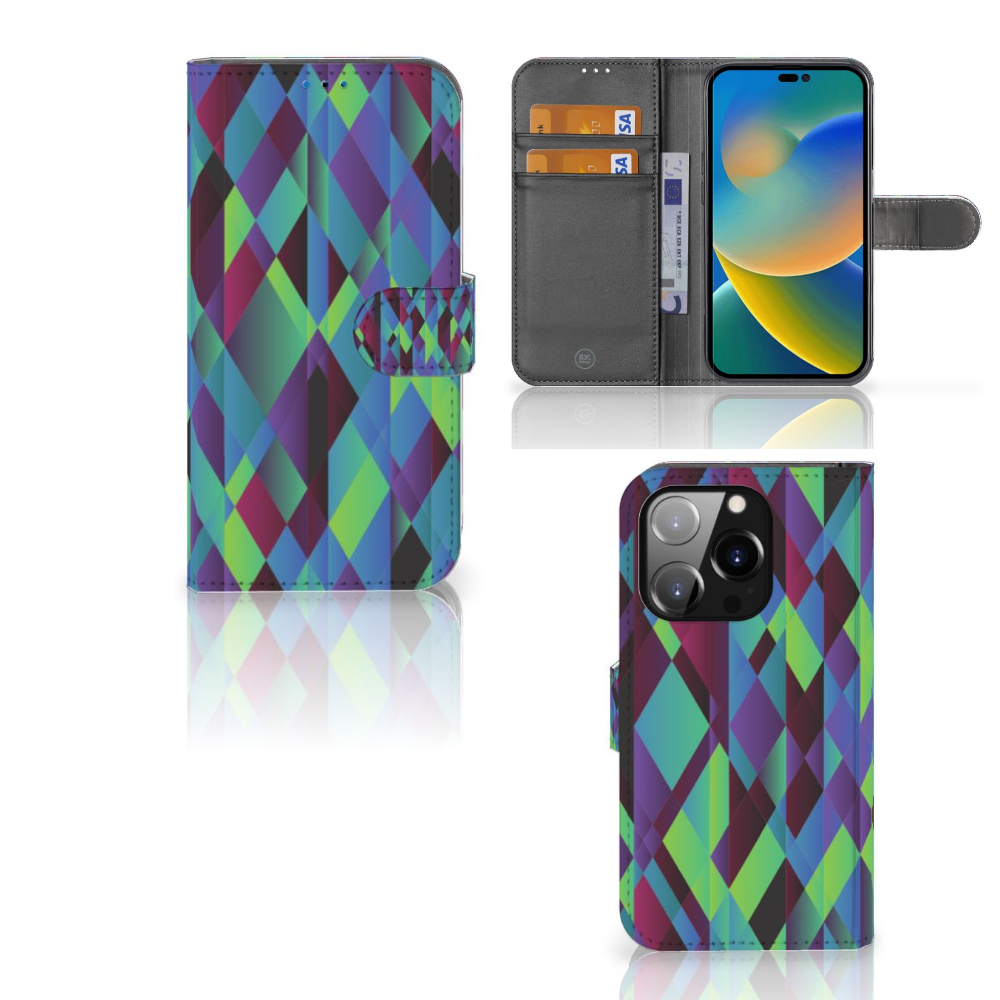 iPhone 14 Pro Book Case Abstract Green Blue met kleurrijk geometrisch ontwerp en ruimte voor kaarten.