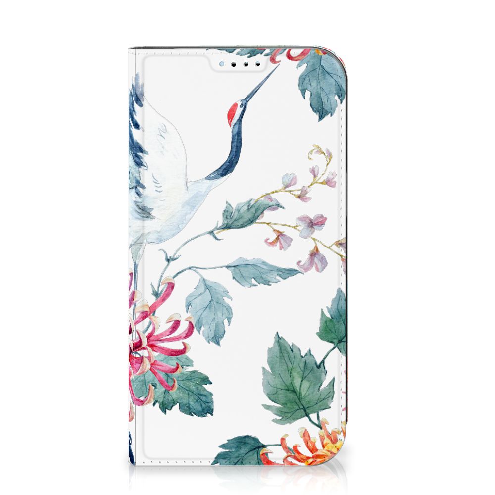 iPhone 15 Hoesje maken Bird Flowers met kleurrijke bloemen en ooievaar, perfect voor natuurliefhebbers đ¸
