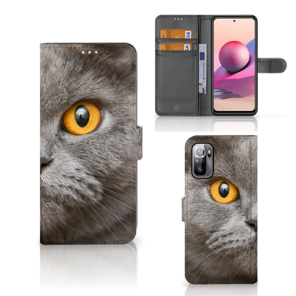 Telefoonhoesje met Pasjes Xiaomi Redmi Note 10/10T 5G | Poco M3 Pro Britse Korthaar met afbeelding van een Britse korthaar kat.