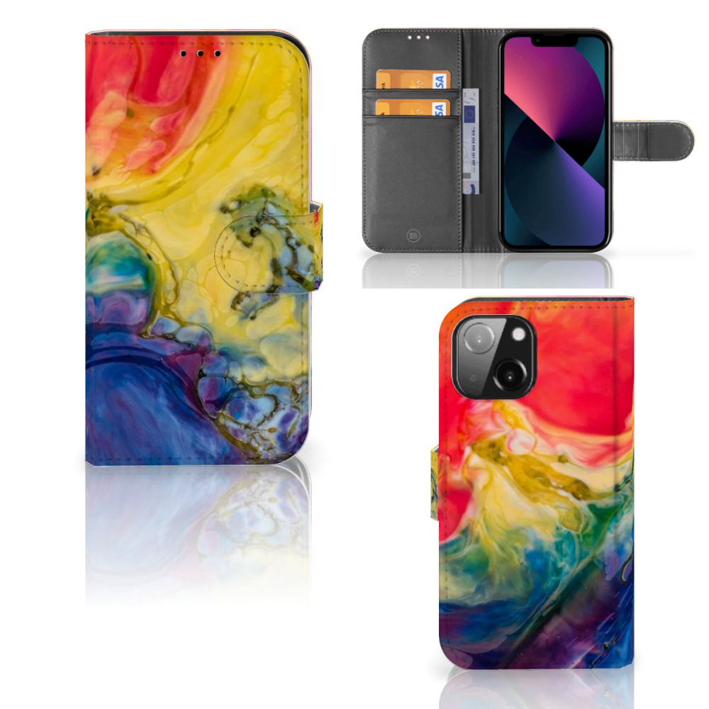 Hoesje iPhone 13 Mini Watercolor Dark met kleurrijk ontwerp en vakjes voor pasjes en geld.