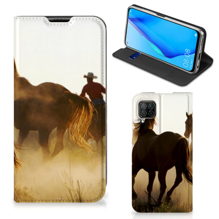 Huawei P40 Lite Hoesje maken Design Cowboy met paarden en cowboy in een zonovergoten landschap