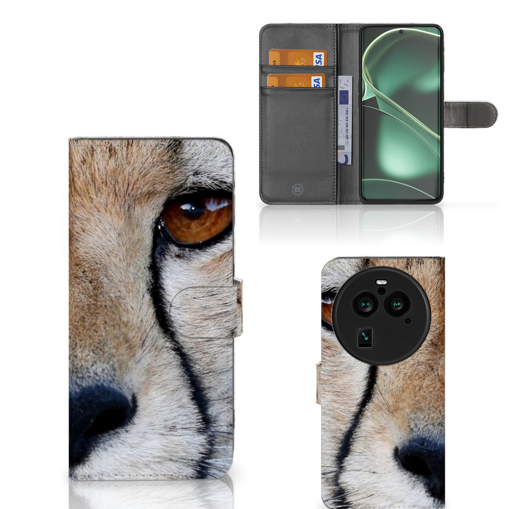 OPPO Find X6 Pro Telefoonhoesje met Pasjes Cheetah met close-up van cheeta en ruimte voor 3 pasjes.