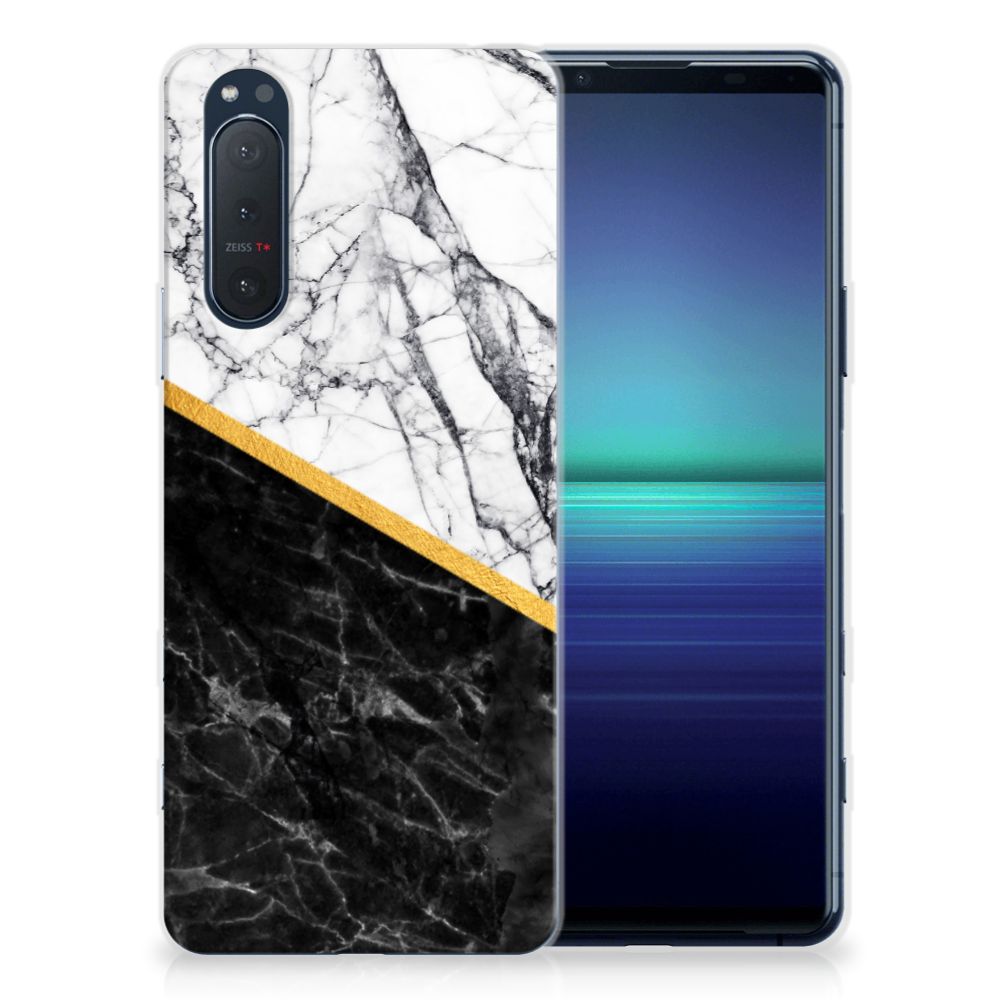 Sony Xperia 5II TPU Siliconen Hoesje Marmer Wit Zwart - Origineel Cadeau Man B2C Telecom
