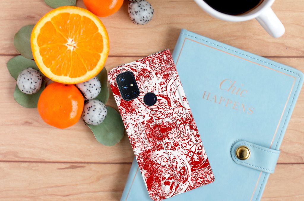 Mobiel BookCase OnePlus Nord N10 5G Angel Skull Rood - B2C Telecom