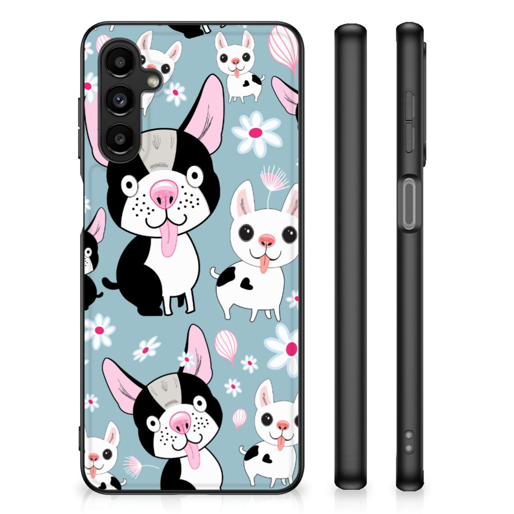 Samsung Galaxy A14 5G Dierenprint Telefoonhoesje Hondjes met schattige hondenillustraties op een blauwe achtergrond.