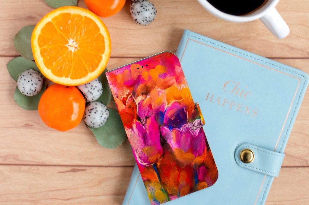 Hoesje iPhone 14 Plus Tulips met kleurrijk tulpenontwerp, ideaal voor het bewaren van pasjes đ.