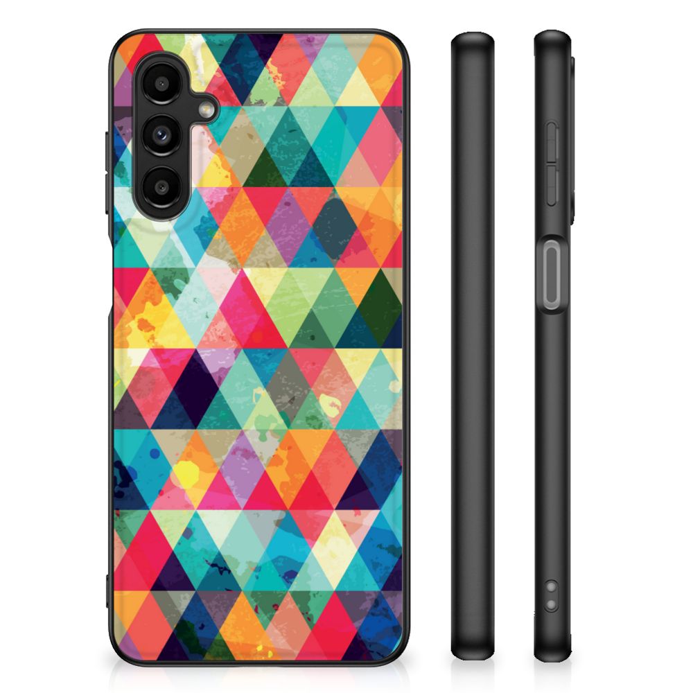 Samsung Galaxy A14 5G Back Case Geruit met kleurrijke driehoekige patronen en zwarte randen.