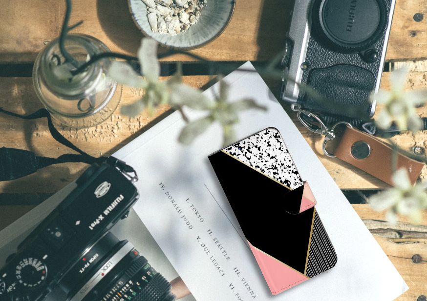 Samsung Galaxy A20s Book Case Zwart Roze Vormen