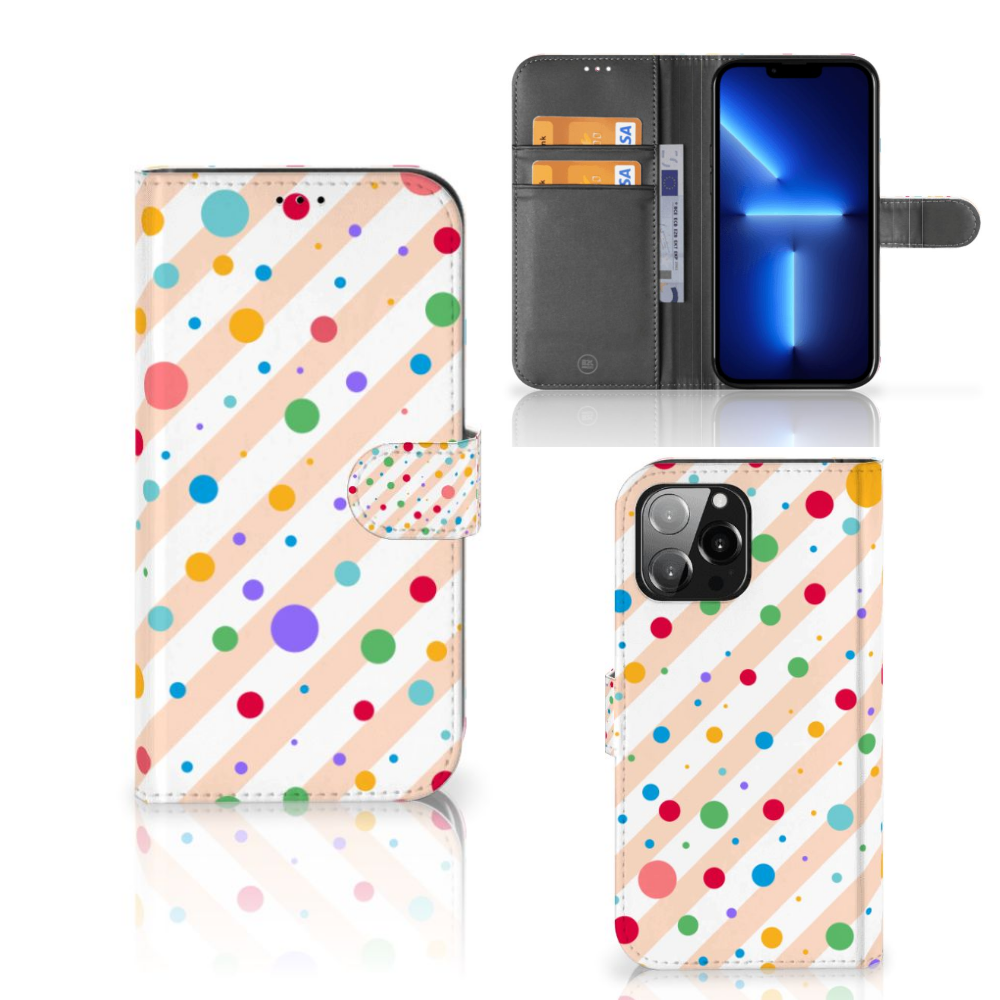 iPhone 13 Pro Max Telefoon Hoesje Dots met kleurrijke stippen en diagonale strepen, ideaal voor smartphonebescherming.
