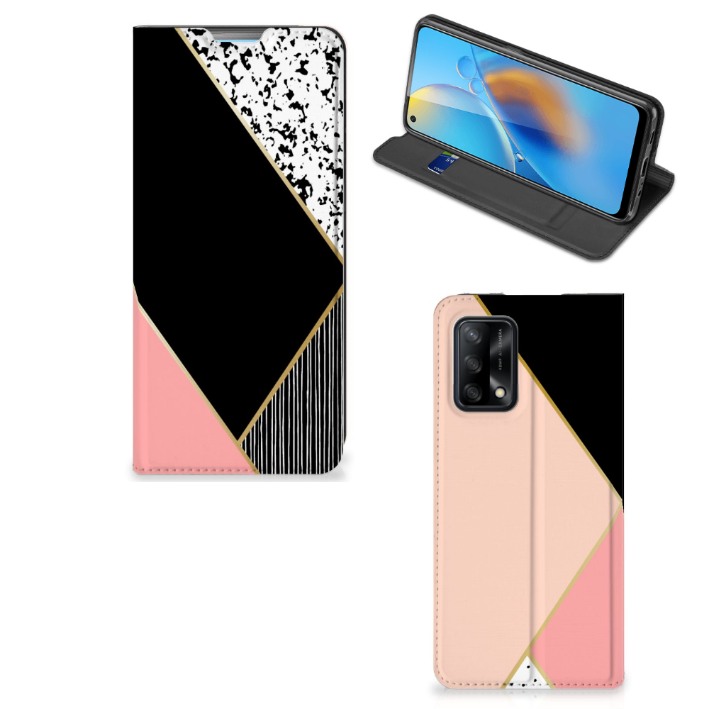 OPPO A74 4G Stand Case Zwart Roze Vormen - B2C Telecom