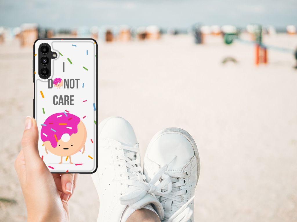 Samsung Galaxy A14 5G Back Cover Hoesje Donut Roze met een vrolijke donut illustratie en de tekst I DO NOT CARE.