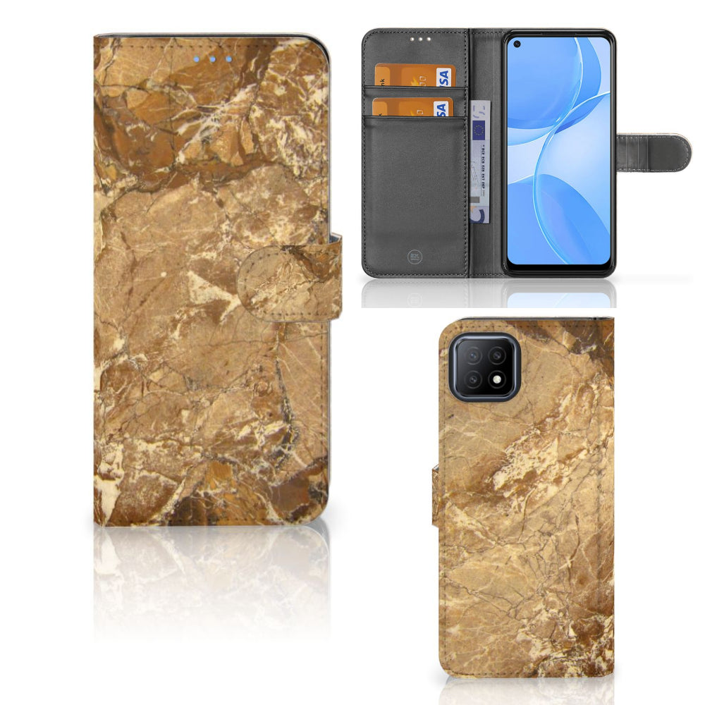 OPPO A73 5G Bookcase Marmer Creme met luxe marmer design en ruimte voor pasjes.