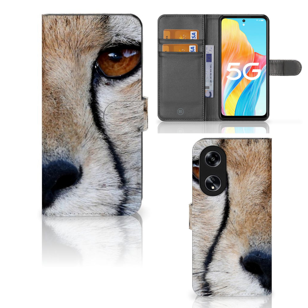 OPPO Reno8 T 5G Telefoonhoesje met Pasjes Cheetah, close-up van cheeta met ruimte voor 3 pasjes.