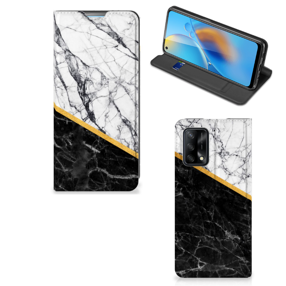 OPPO A74 4G Standcase Marmer Wit Zwart - Origineel Cadeau Man - B2C Telecom