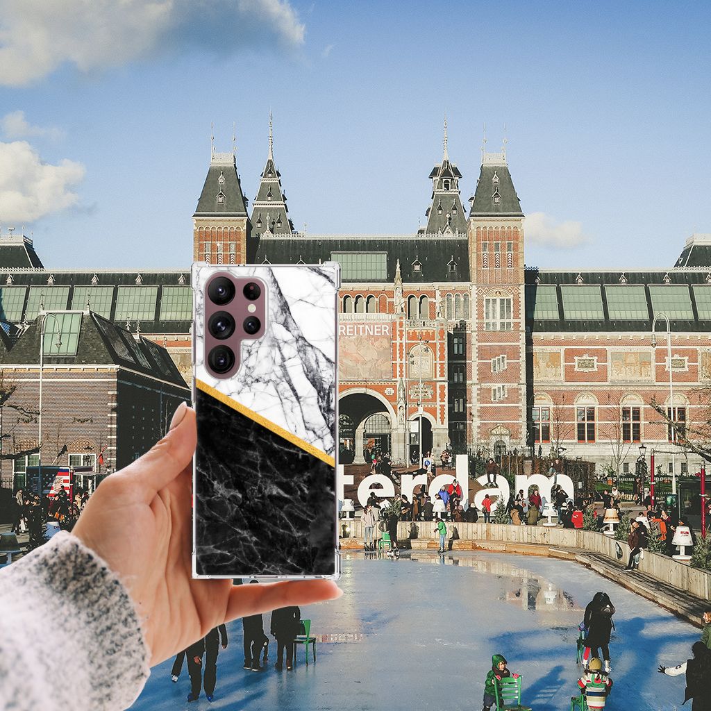 Samsung Galaxy S23 Ultra Anti-Shock Hoesje Marmer Wit Zwart - Origineel Cadeau Man B2C Telecom