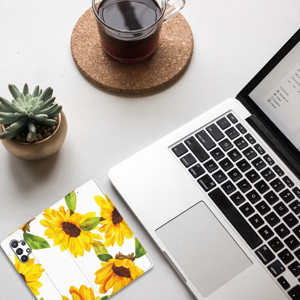 Samsung Galaxy A32 4G | A32 5G Enterprise Editie Smart Cover Zonnebloemen Voor- en achteraanzicht.