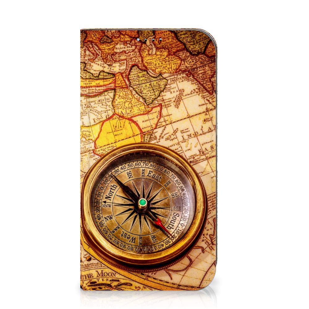 iPhone 15 Book Cover Kompas met vintage kompas op wereldkaart achtergrond đ§