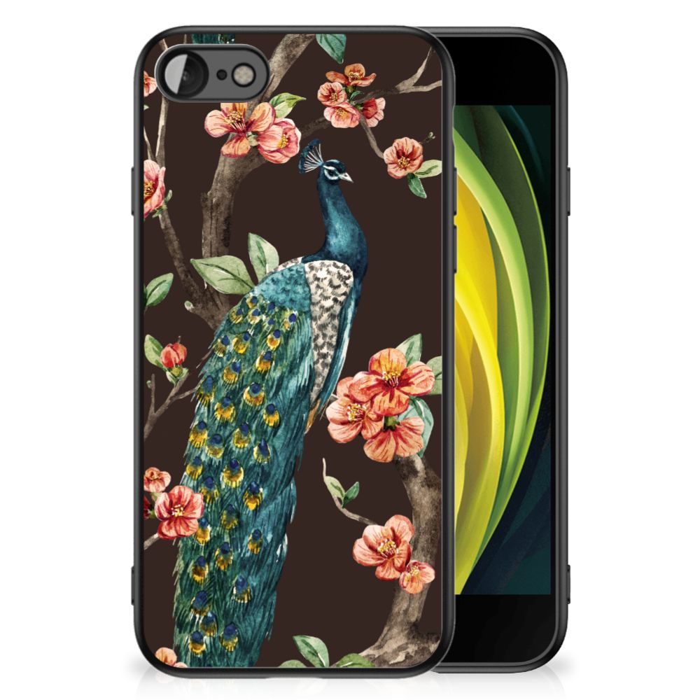 iPhone SE 2022 | SE 2020 | 7/8 Dierenprint Telefoonhoesje Pauw met Bloemen met kleurrijk ontwerp en bloemen.