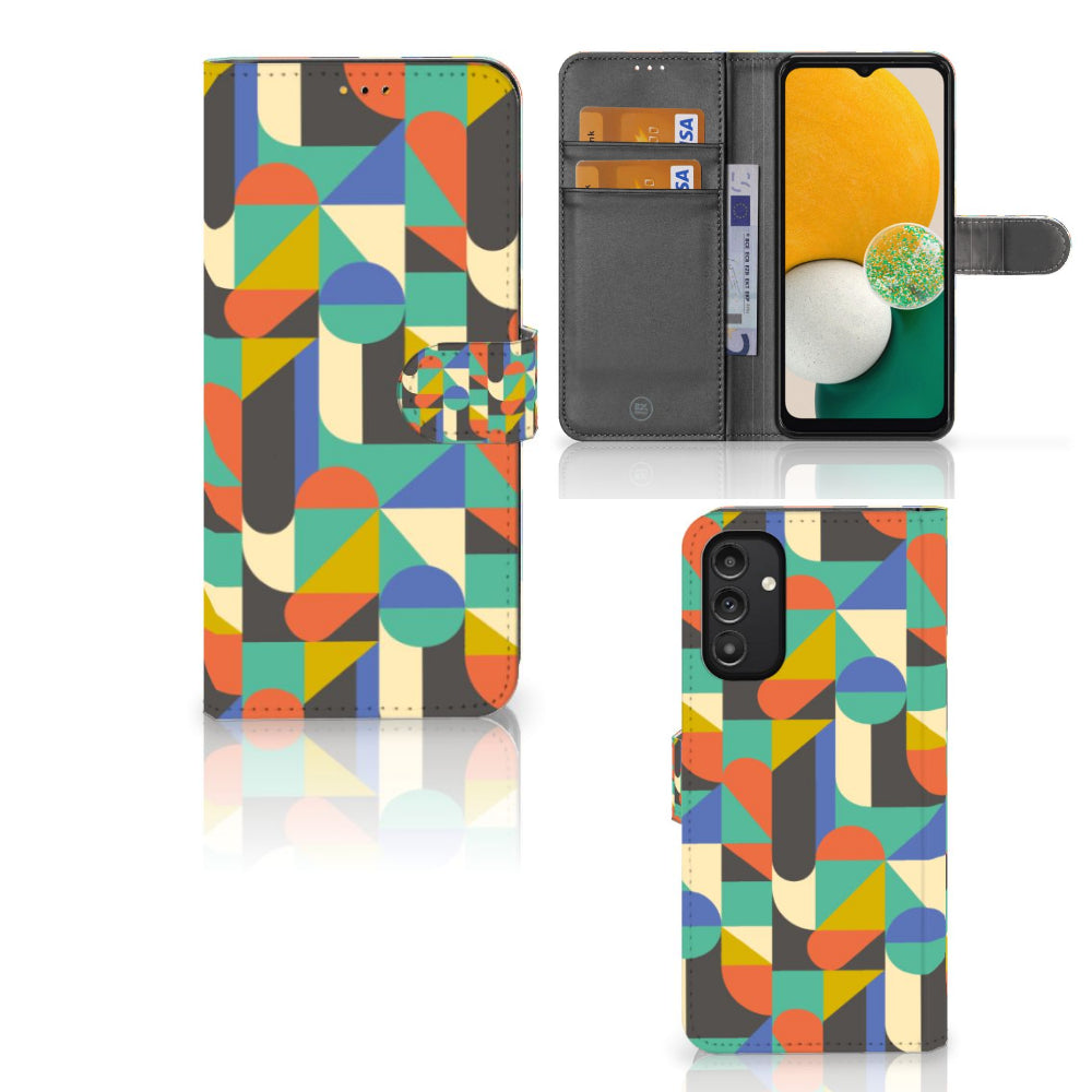 Samsung Galaxy A14 5G Telefoon Hoesje Funky Retro met kleurrijk geometrisch patroon en ruimte voor pasjes.