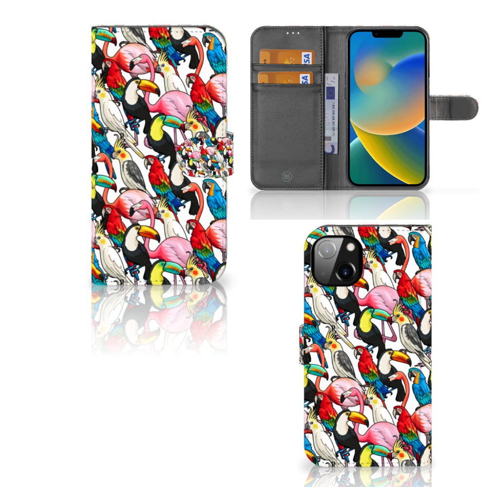 iPhone 14 Plus Telefoonhoesje met Pasjes Birds met kleurrijke toekans, flamingo's en papegaaien.