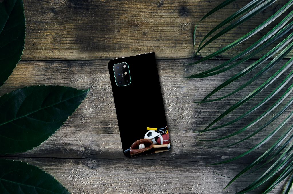 OnePlus 8T Hippe Standcase Sports with football, tennis, and basketball designs on a wooden surface.