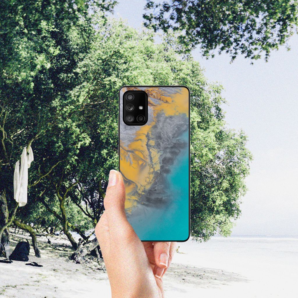 Samsung Galaxy A71 Marmeren Print Telefoonhoesje Marble Blue Gold B2C Telecom