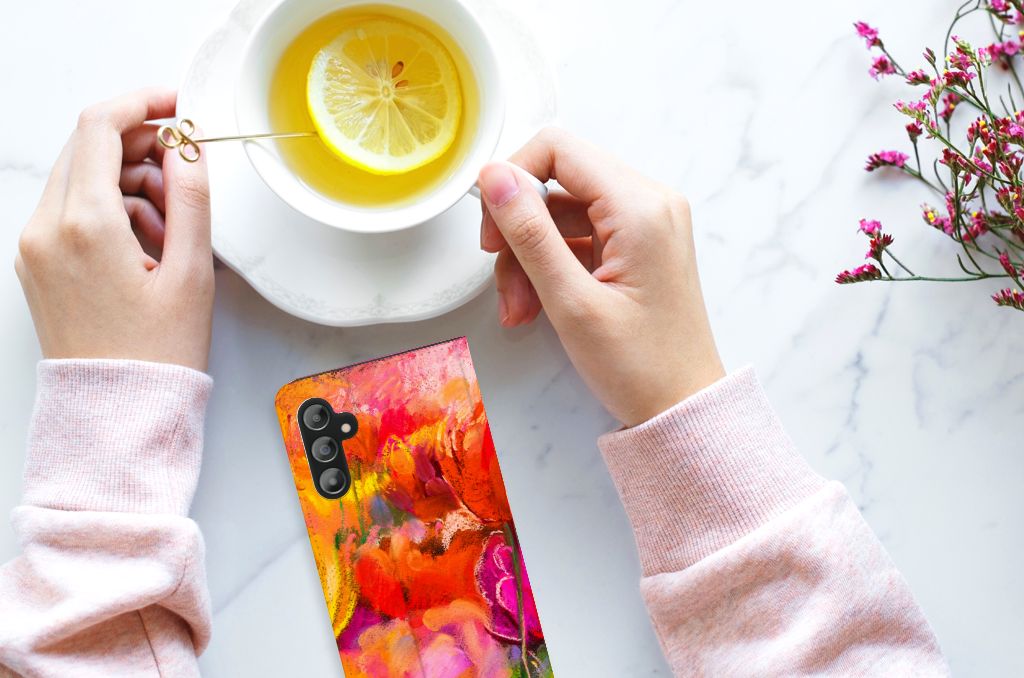 Bookcase Samsung Galaxy A14 5G Tulips met kleurrijk design en een drankje
