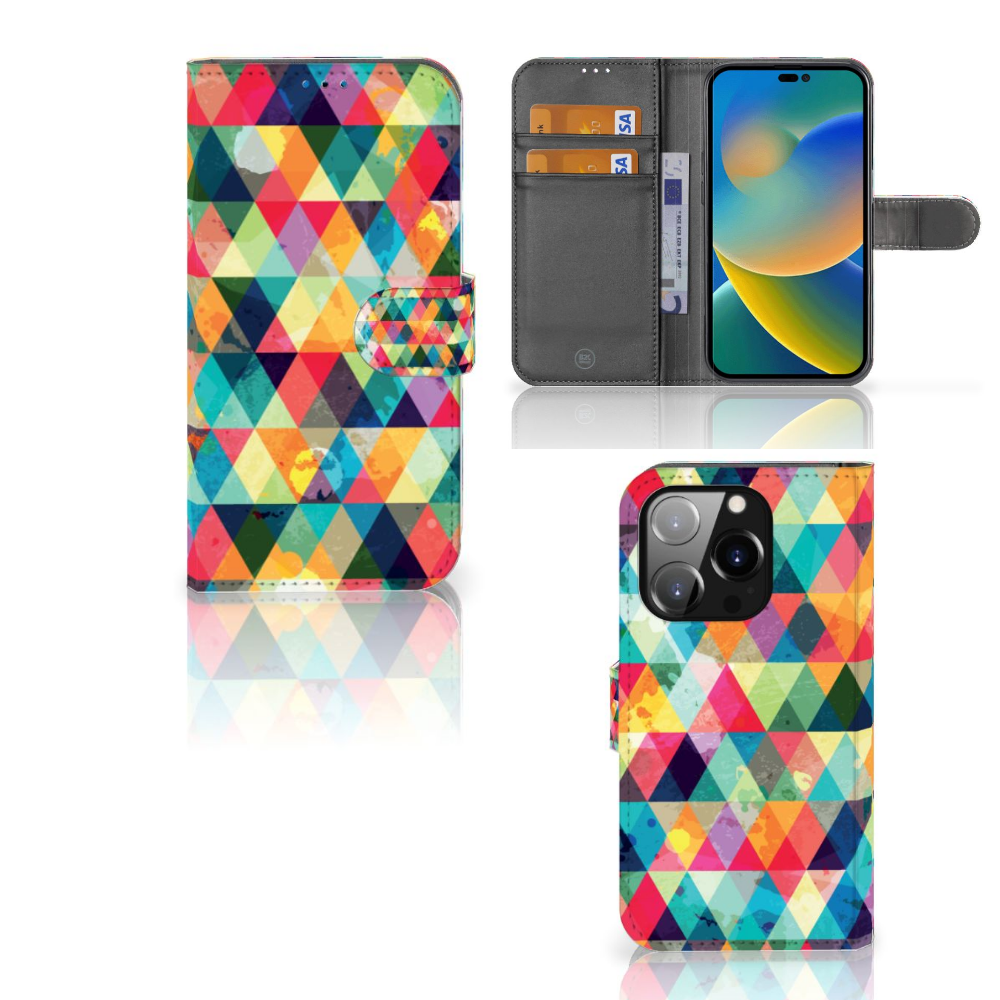 iPhone 14 Pro Telefoon Hoesje Geruit met kleurrijk ruitjesdesign en ruimte voor pasjes.