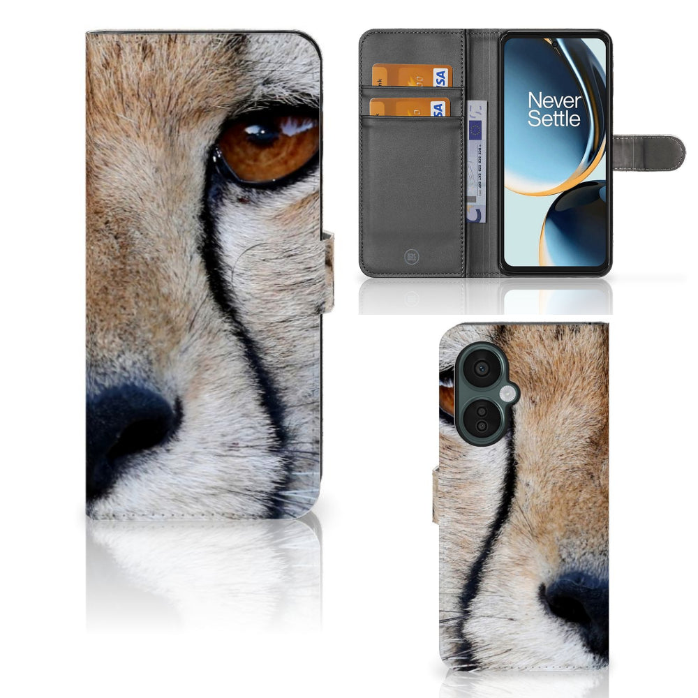 OnePlus Nord CE 3 Lite Telefoonhoesje met Pasjes Cheetah met close-up van cheeta gezicht en pasjesruimte.