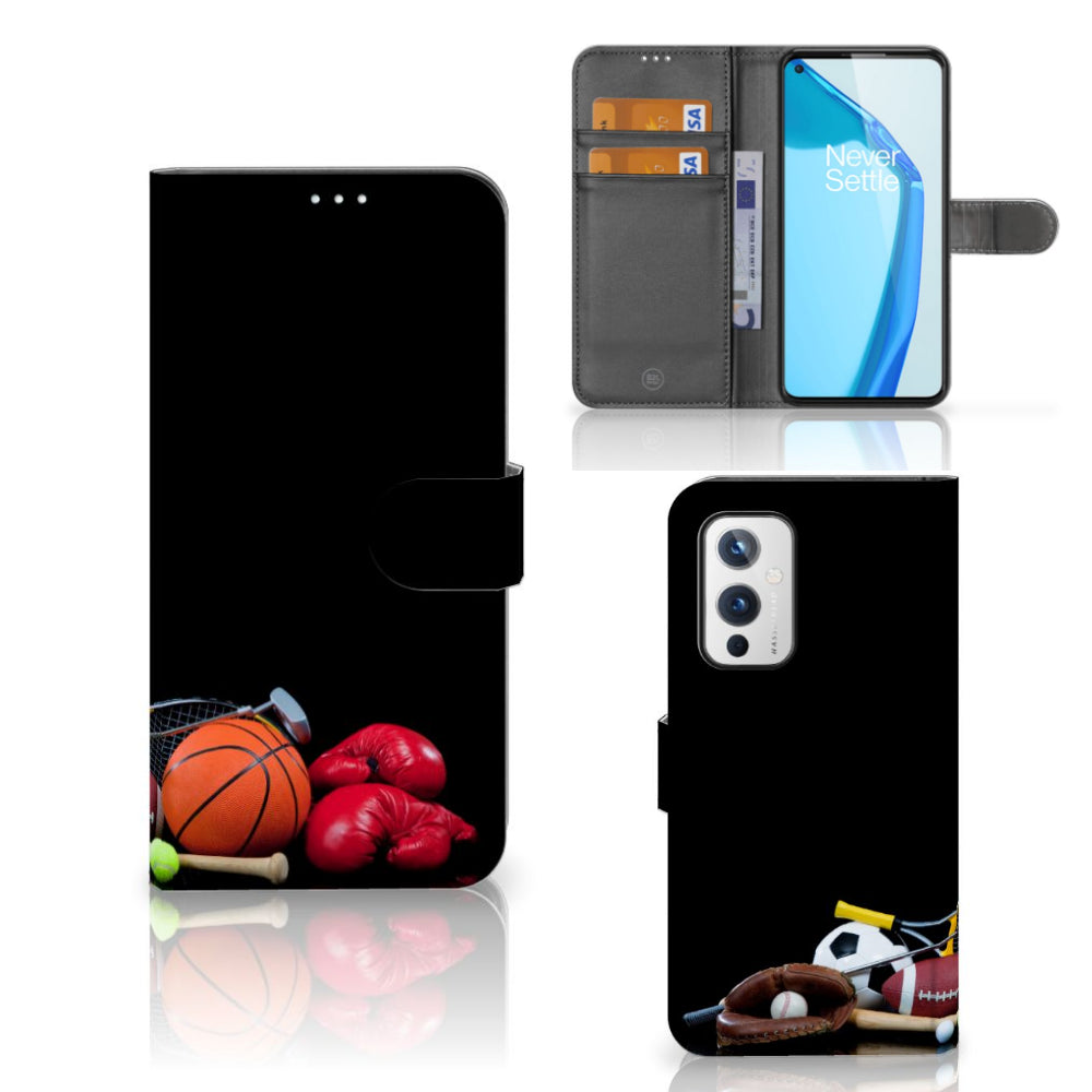 OnePlus 9 Wallet Case met Pasjes Sports met diverse sportuitrustingen zoals basketbal, bokshandschoenen en voetbal.