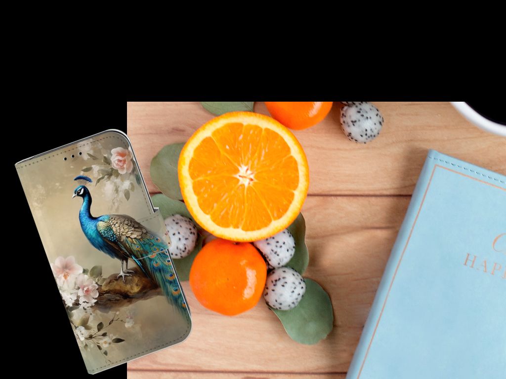Telefoonhoesje met Pasjes voor Apple iPhone 11 Vintage Pauwen met kleurrijke pauw en fruit op een houten tafel.