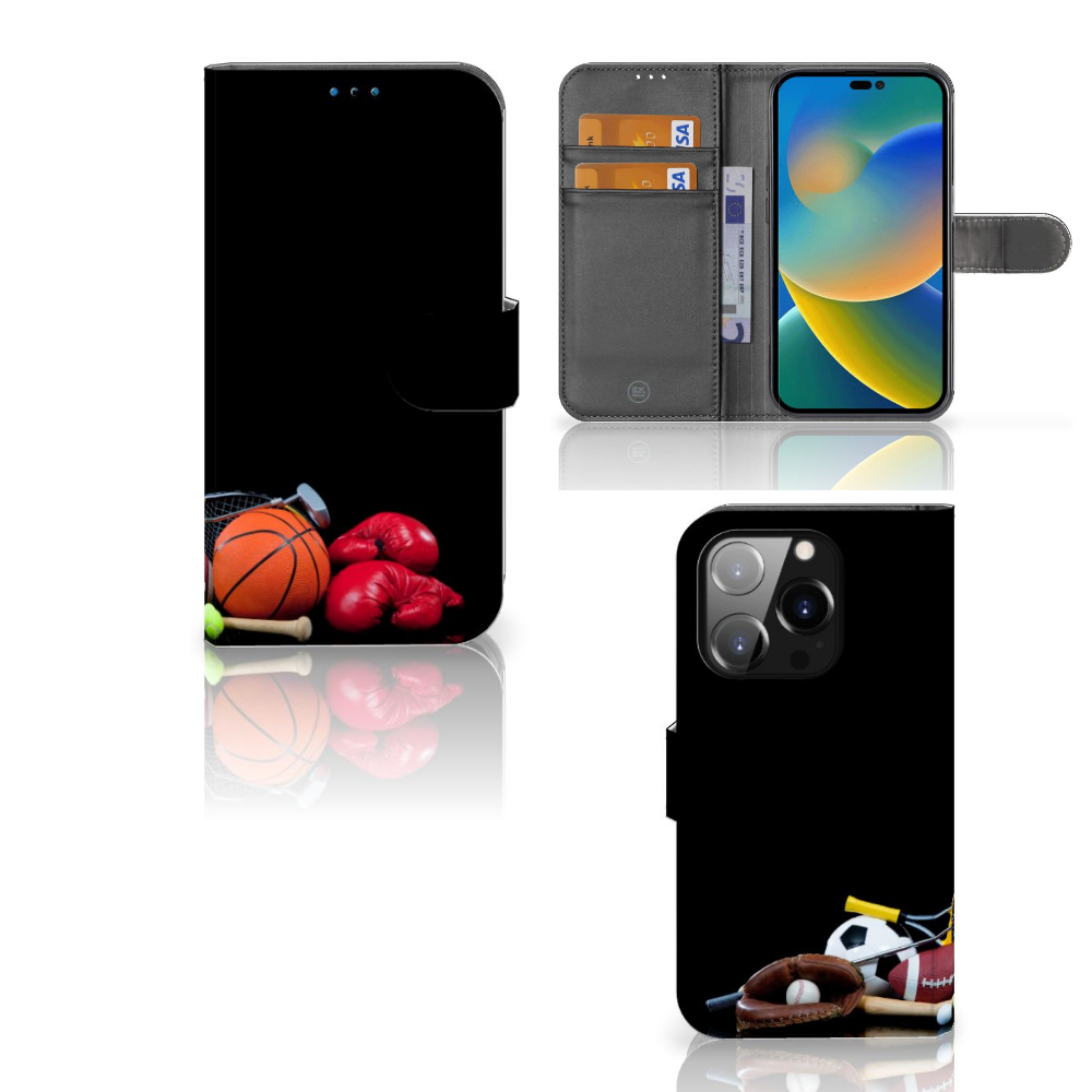 iPhone 14 Pro Wallet Case met Pasjes Sports met sportuitrusting zoals basketbal en bokshandschoenen.