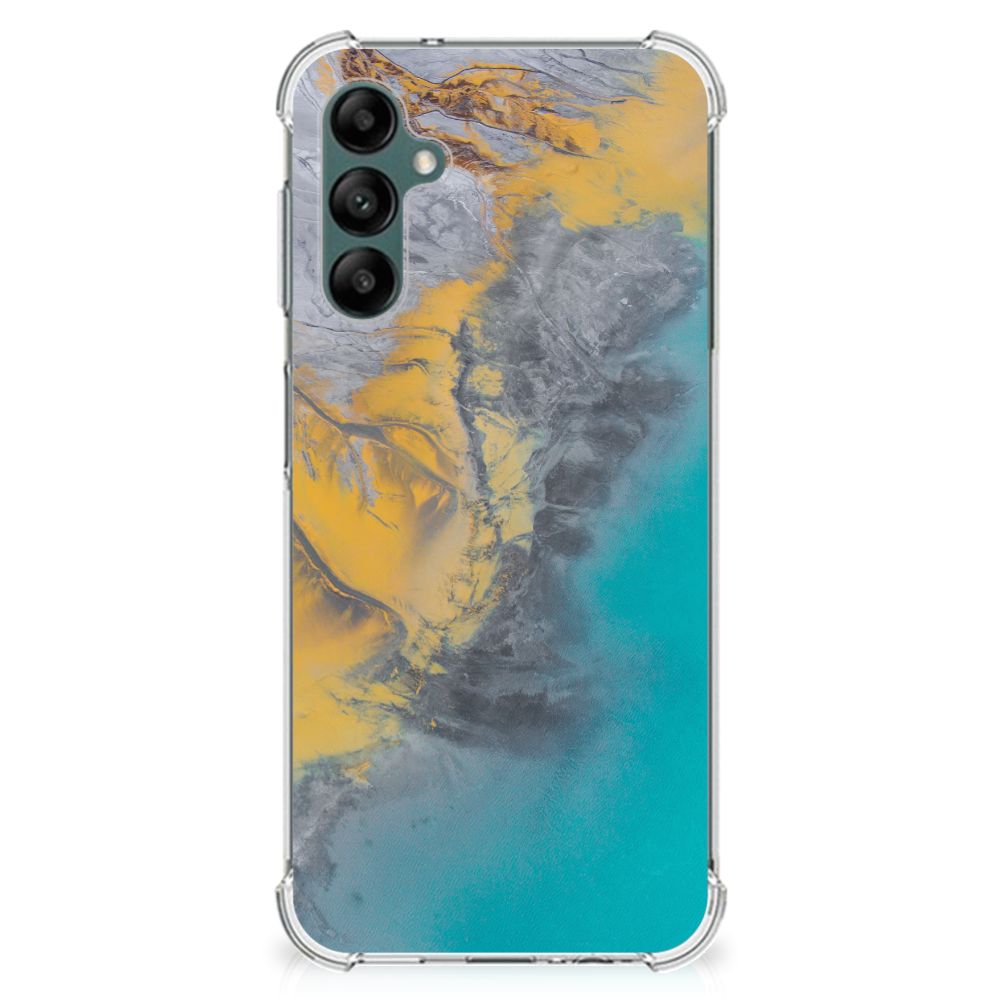 Samsung Galaxy A14 5G/4G Anti-Shock Hoesje Marble Blue Gold met uniek marmerdesign in blauw en goud.