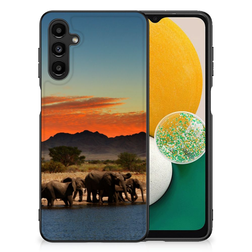 Samsung Galaxy A14 5G Dierenprint Telefoonhoesje Olifanten met olifanten aan de waterkant en een kleurrijke achtergrond