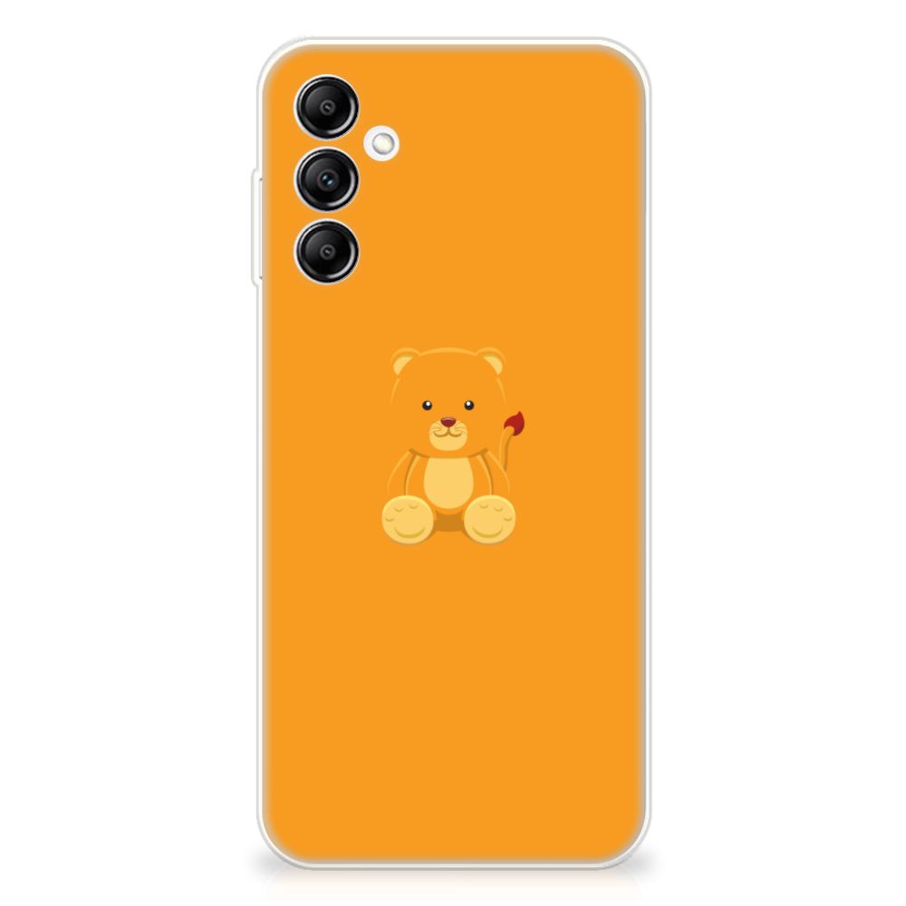 Samsung Galaxy A14 5G Telefoonhoesje met Naam Baby Beer met schattig teddybeer ontwerp op oranje achtergrond.