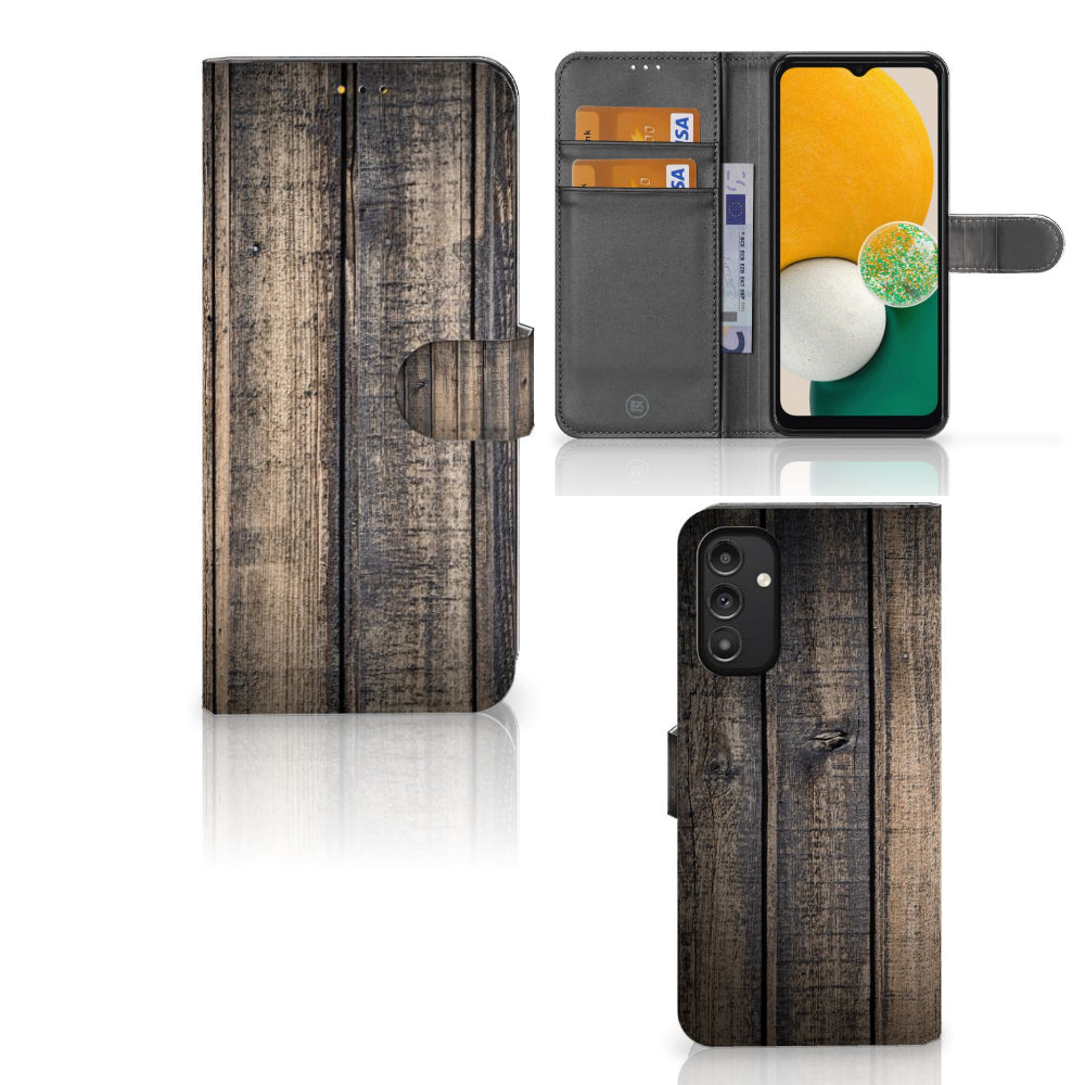 Samsung Galaxy A14 5G Book Style Case Steigerhout met ruimte voor 3 pasjes en een houten design.