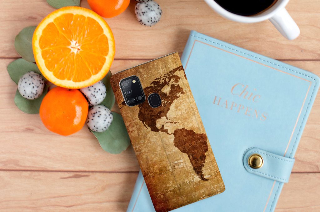 Samsung Galaxy A21s Book Cover Wereldkaart - B2C Telecom