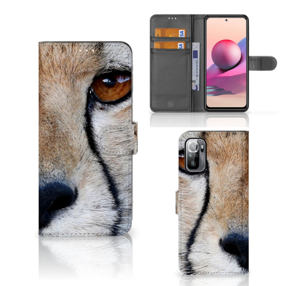 Xiaomi Redmi Note 10/10T 5G | Poco M3 Pro Telefoonhoesje met Pasjes Cheetah close-up van cheeta oog