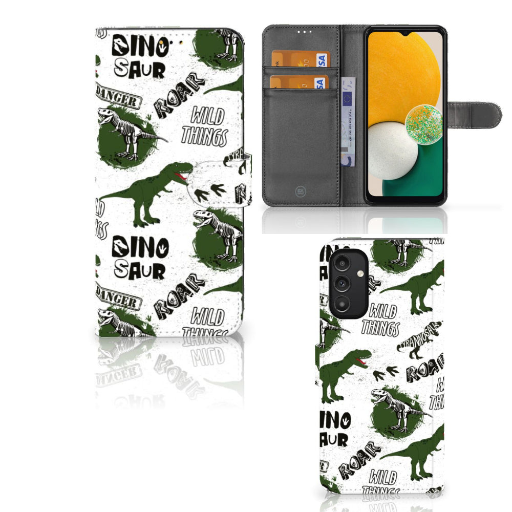 Telefoonhoesje met Pasjes voor Samsung Galaxy A14 5G Dinosaurus met dino design, pootafdrukken en ruimte voor pasjes.