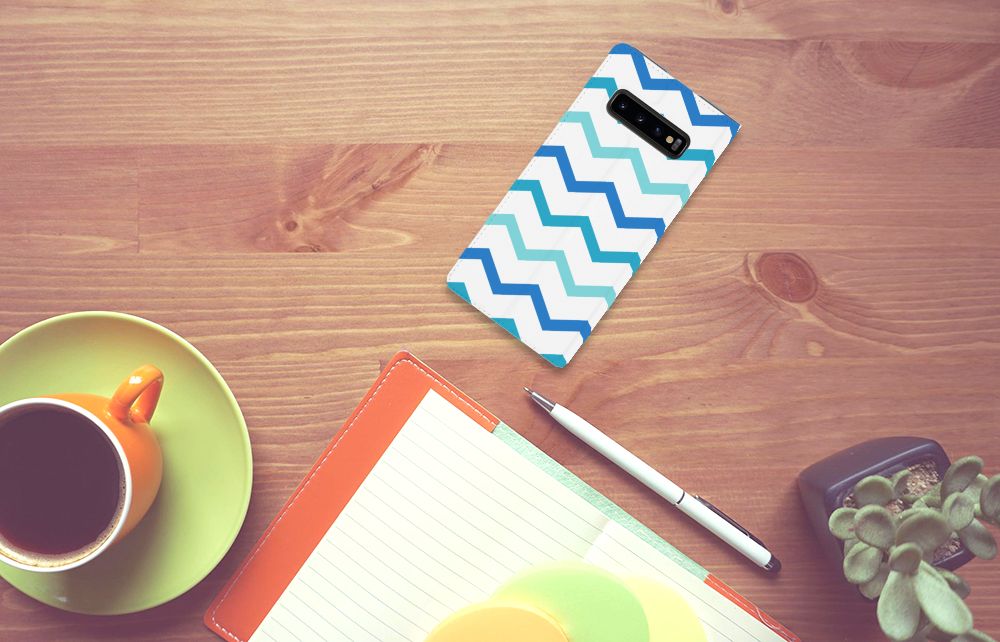 Samsung Galaxy S10 Plus Hoesje met Magneet Zigzag Blauw