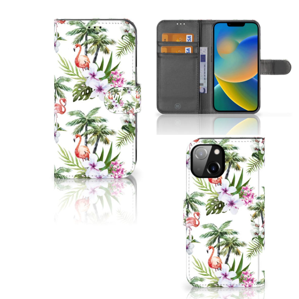 Apple iPhone 14 Telefoonhoesje met Pasjes Flamingo Palms