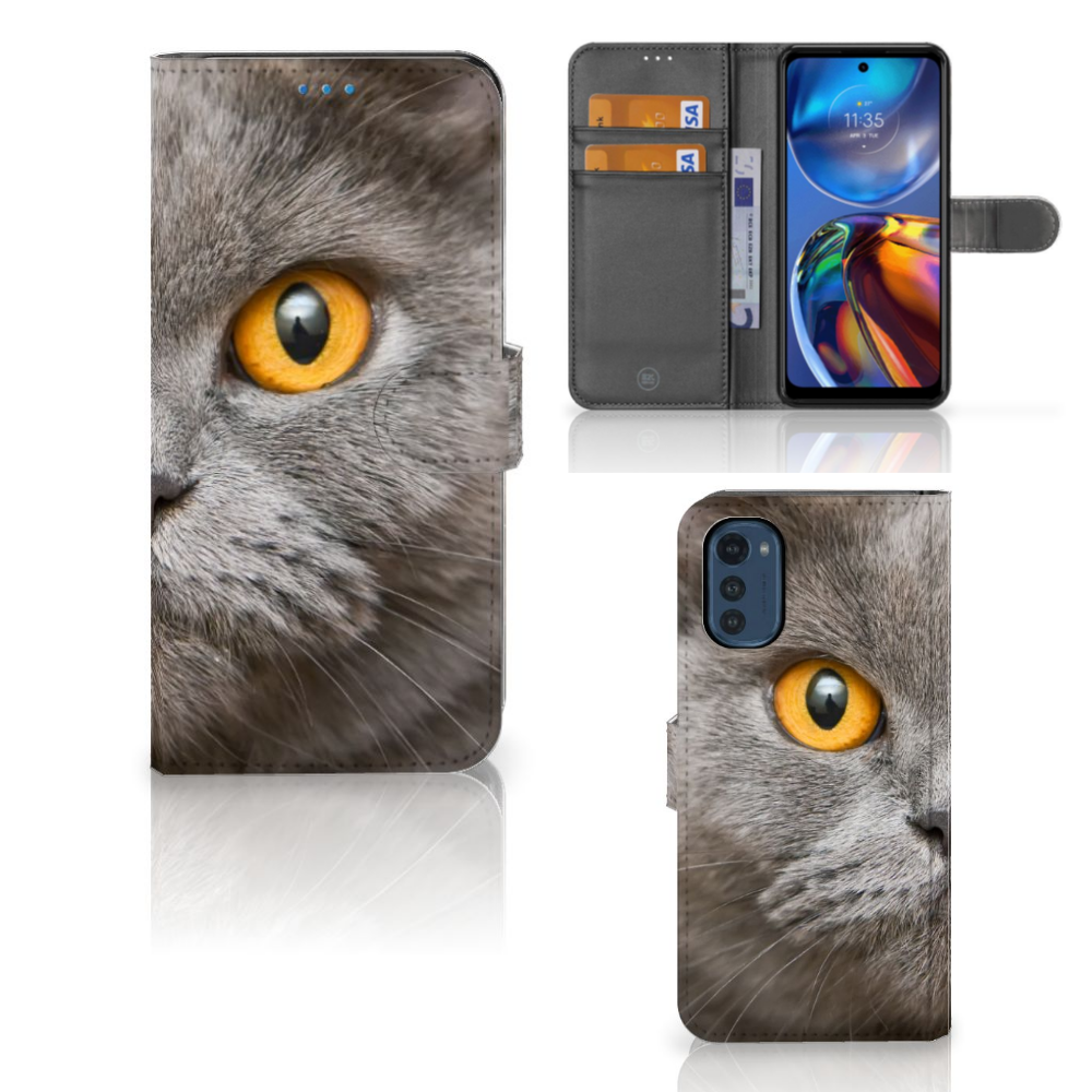 Telefoonhoesje met Pasjes Motorola Moto E32 | Moto E32s Britse Korthaar met opvallende kattenprint en ruime opbergvakjes.
