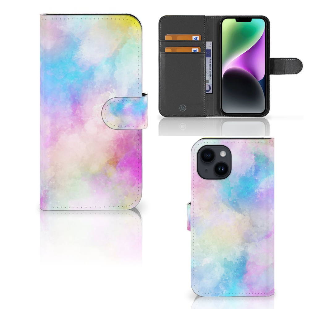 Hoesje iPhone 15 Watercolor Light met kleurrijke pastelkleuren en pasjeshouder, uniek design.