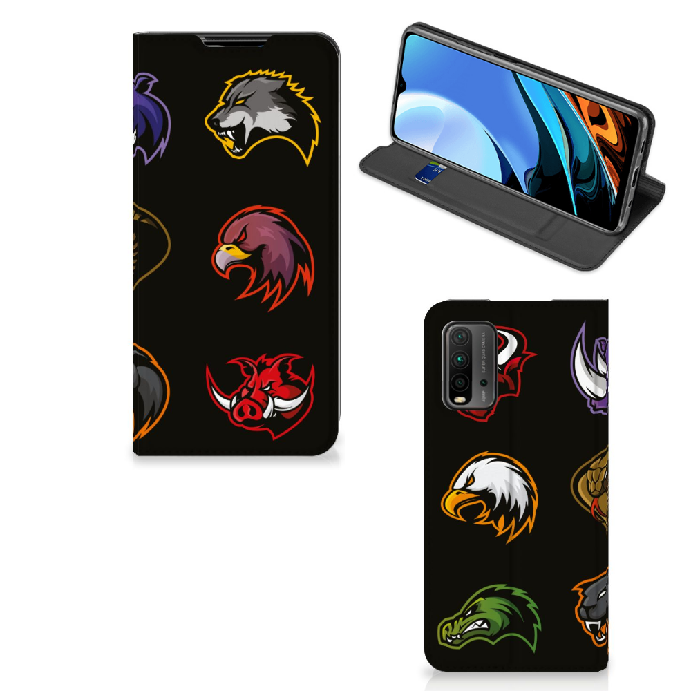 Xiaomi Poco M3 | Redmi 9T Magnet Case Cartoon with colorful animal logos on a black background.