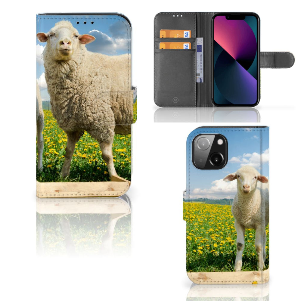 iPhone 13 Mini Telefoonhoesje met Pasjes Schaap en Lammetje