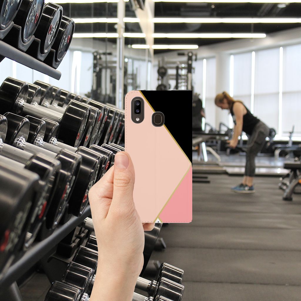 Samsung Galaxy A30 Stand Case Zwart Roze Vormen